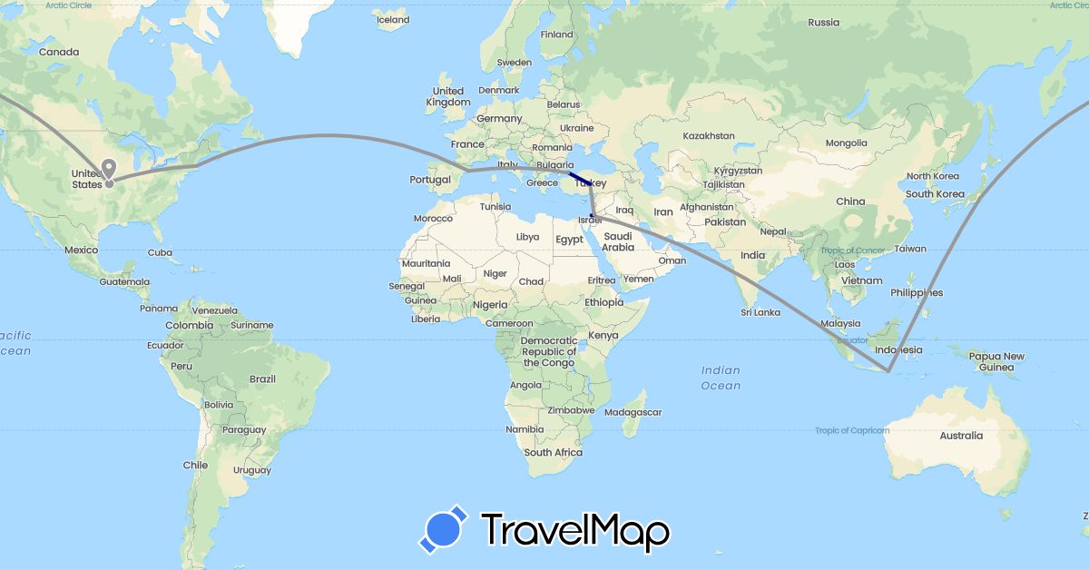 TravelMap itinerary: driving, plane in Spain, Indonesia, Israel, Jordan, Japan, Turkey, United States (Asia, Europe, North America)